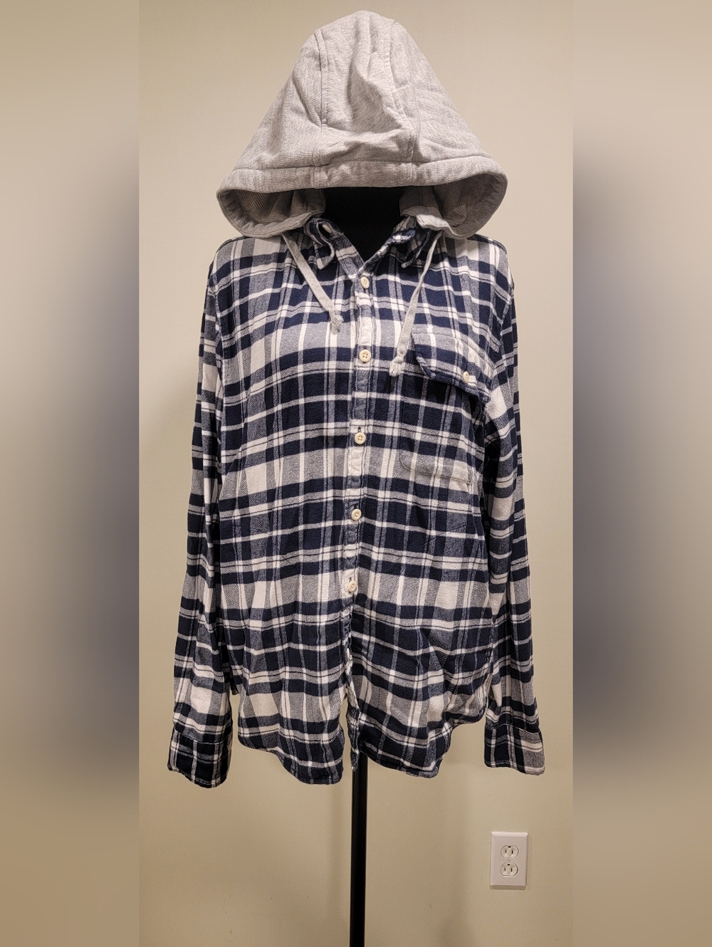 American Eagle Outfitters Navy and White Plaid Hooded Button-Down Shirt